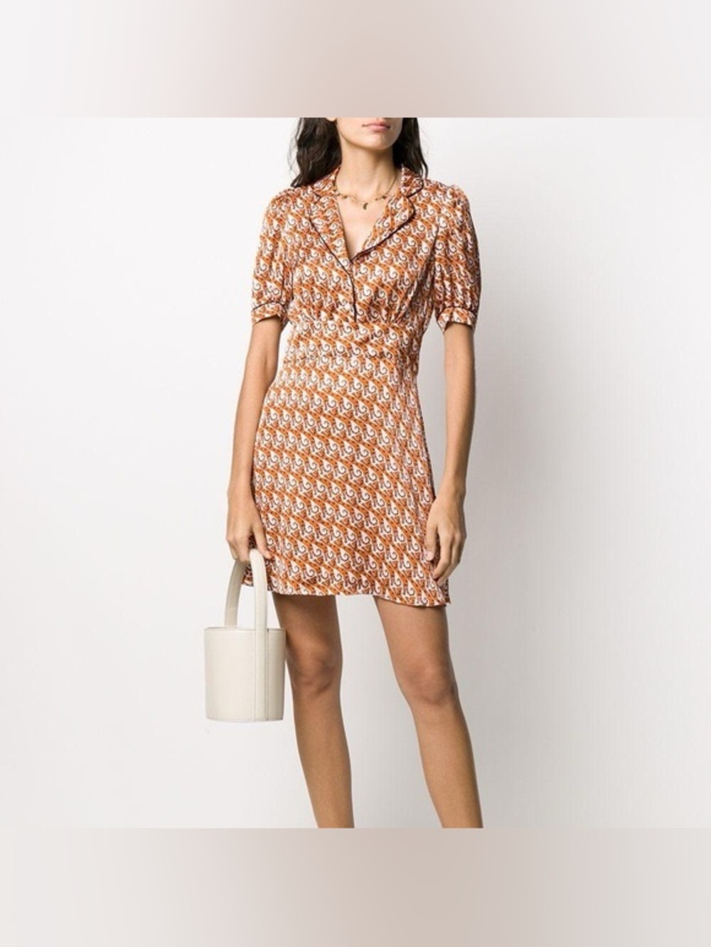 Sandro Paris Patterned Puff Sleeve Mini Dress in Rust and Cream